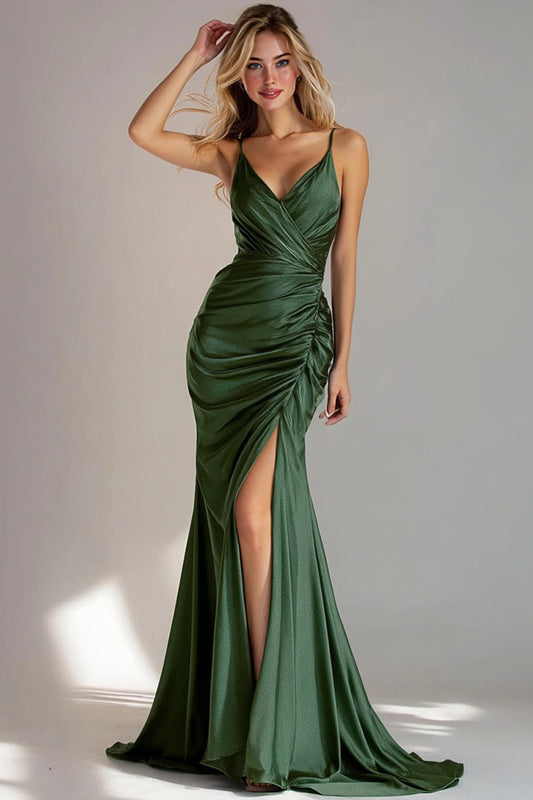 Dark Green Ruched Mermaid Spaghetti Straps Long Wedding Guest Dress with Slit