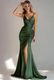Dark Green Ruched Mermaid Spaghetti Straps Long Wedding Guest Dress with Slit