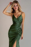 Dark Green Ruched Mermaid Spaghetti Straps Long Wedding Guest Dress with Slit