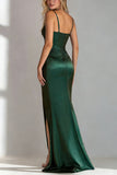 Dark Green Spaghetti Straps Ruched Mermaid Long Wedding Guest Dress with Slit