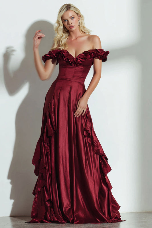 Burgundy Off the Shoulder A Line Satin Long Wedding Guest Dress with Ruffles