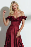 Burgundy Off the Shoulder A Line Satin Long Wedding Guest Dress with Ruffles