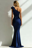 Navy Mermaid One Shoulder Ruffled Long Wedding Guest Dress