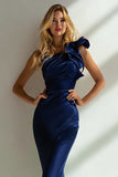 Navy Mermaid One Shoulder Ruffled Long Wedding Guest Dress