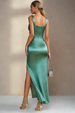 Emerald Green Ruched Sheath Satin Long Wedding Guest Dress with Slit