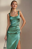 Emerald Green Ruched Sheath Satin Long Wedding Guest Dress with Slit