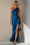 Royal Blue Sheath One Shoulder Ruched Long Wedding Guest Dress with Slit