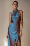 Electric Blue Sheath High Neck Backless Long Wedding Guest Dress with Slit