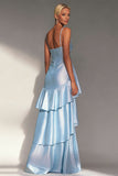 Light Blue Spaghetti Straps A Line Tiered Long Wedding Guest Dress
