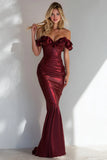 Burgundy Off the Shoulder Mermaid Long Wedding Guest Dress with Ruffles