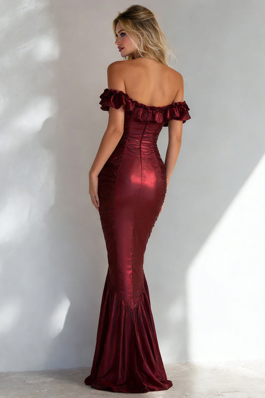 Burgundy Off the Shoulder Mermaid Long Wedding Guest Dress with Ruffles