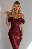 Burgundy Off the Shoulder Mermaid Long Wedding Guest Dress with Ruffles