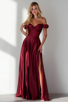 Burgundy  Off the Shoulder A Line Satin Long Wedding Guest Dress with Slit