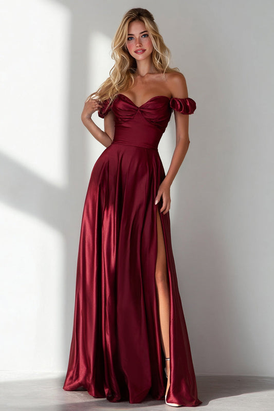 Burgundy  Off the Shoulder A Line Satin Long Wedding Guest Dress with Slit