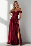 Burgundy  Off the Shoulder A Line Satin Long Wedding Guest Dress with Slit