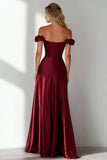 Burgundy  Off the Shoulder A Line Satin Long Wedding Guest Dress with Slit