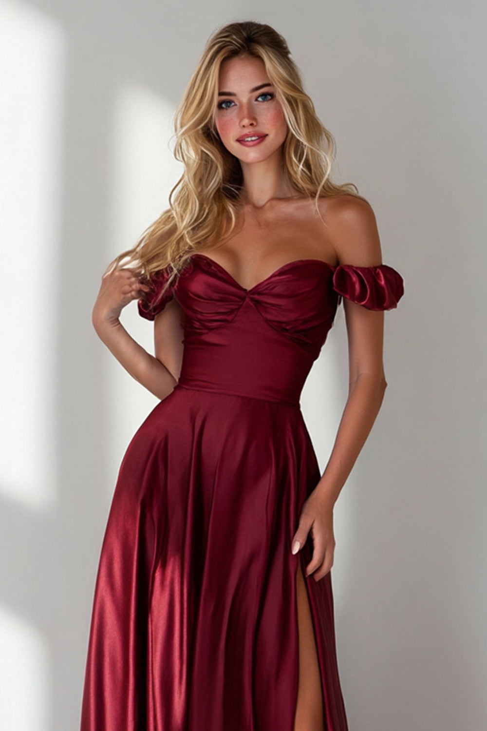 Burgundy  Off the Shoulder A Line Satin Long Wedding Guest Dress with Slit