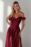 Burgundy  Off the Shoulder A Line Satin Long Wedding Guest Dress with Slit