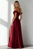 Burgundy  Off the Shoulder A Line Satin Long Wedding Guest Dress with Slit