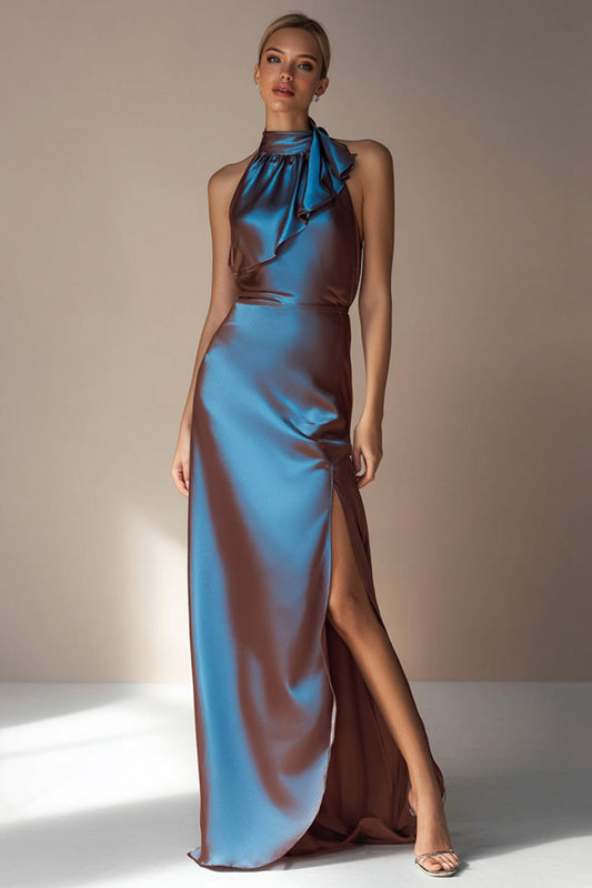 Electric Blue Sheath High Neck Ruffled Long Wedding Guest Dress with Slit