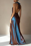Electric Blue Sheath High Neck Ruffled Long Wedding Guest Dress with Slit