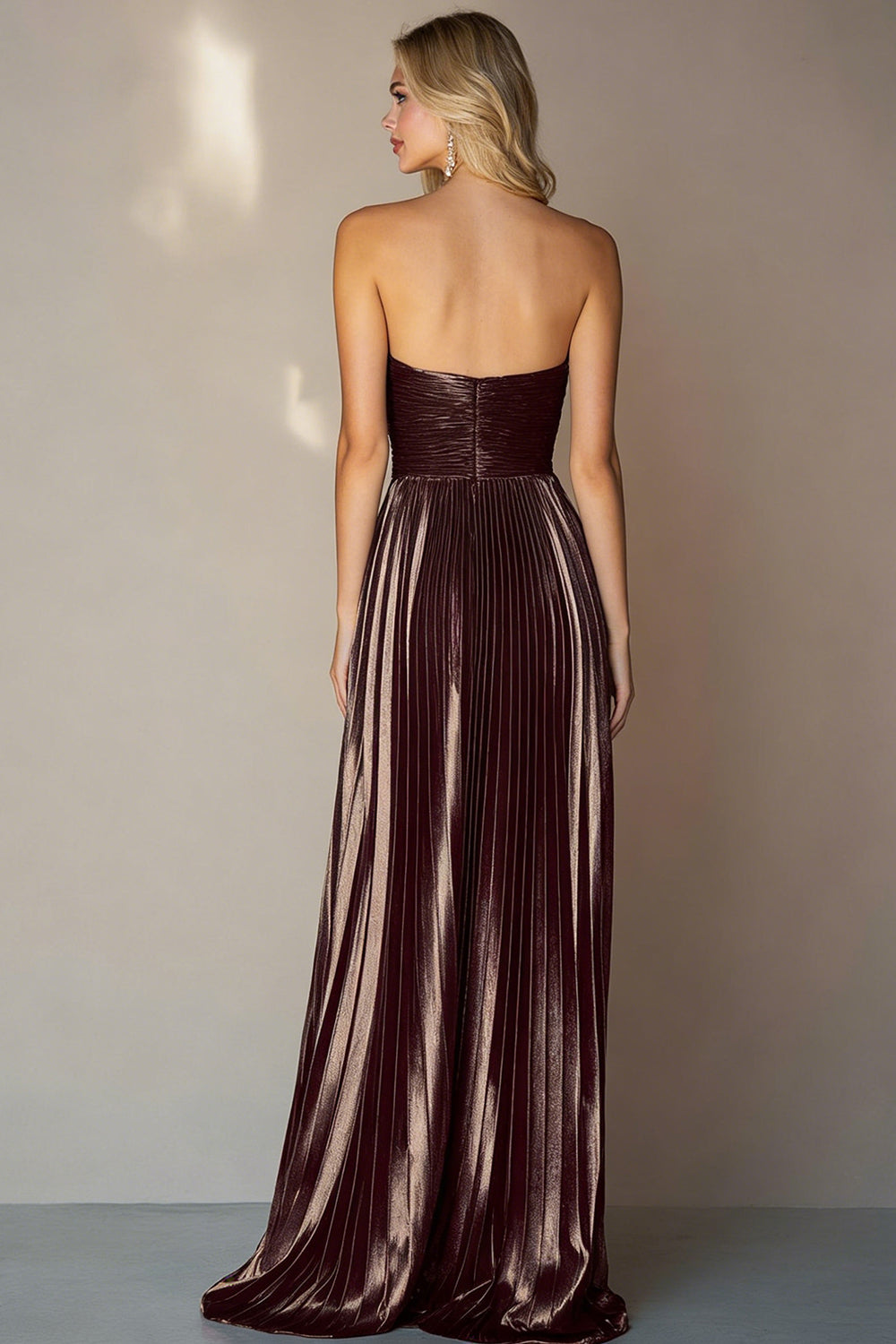 Metallic Coffee Pleated A Line Sweetheart Long Wedding Guest Dress
