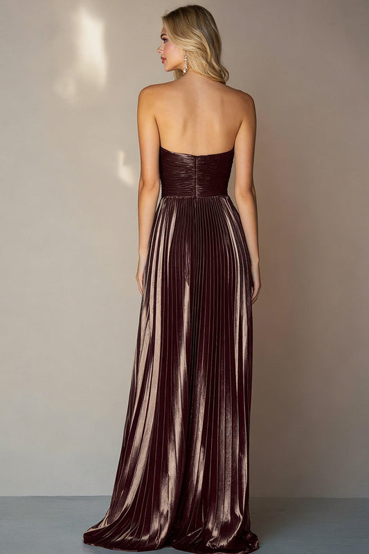 Metallic Coffee Pleated A Line Sweetheart Long Wedding Guest Dress