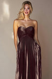 Metallic Coffee Pleated A Line Sweetheart Long Wedding Guest Dress