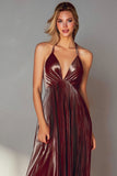 Coffee Pleated Backless V-Neck Long Wedding Guest Dress
