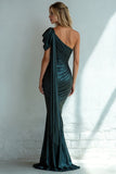 Dark Green Mermaid One Shoulder Long Wedding Guest Dress with Side Cape
