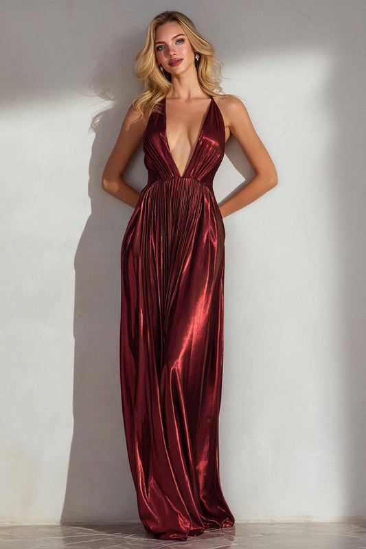 Burgundy Sheath Pleated Halter Neck Long Wedding Guest Dress