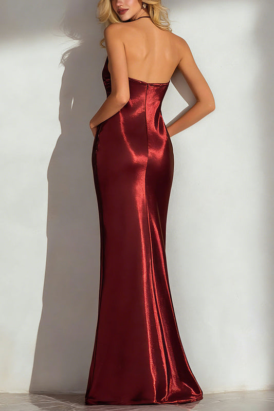 Burgundy Sheath Pleated Halter Neck Long Wedding Guest Dress
