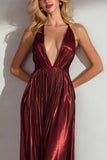 Burgundy Sheath Pleated Halter Neck Long Wedding Guest Dress