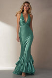 Emerald Green Mermaid V-Neck Long Wedding Guest Dress with Ruffles