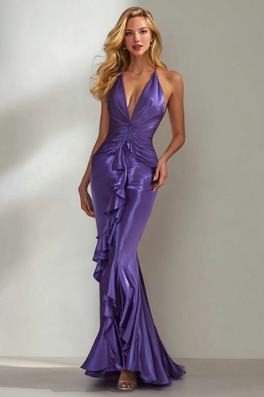 Dark Purple Satin V-Neck Mermaid Long Wedding Guest Dress with Ruffles