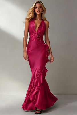 Fuchsia Mermaid V-Neck Long Wedding Guest Dress with Ruffles