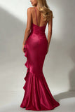 Fuchsia Mermaid V-Neck Long Wedding Guest Dress with Ruffles