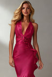 Fuchsia Mermaid V-Neck Long Wedding Guest Dress with Ruffles