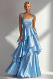 Zapakasa Women Light Blue Tiered Long Wedding Guest Dress Satin Square Neck Ruffled A Line Formal Dress