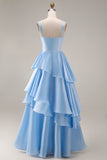 Light Blue A Line Ruffled Square Neck Long Wedding Guest Dress
