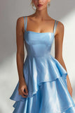 Light Blue A Line Ruffled Square Neck Long Wedding Guest Dress