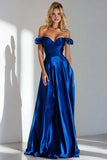 Royal Blue A Line  Off the Shoulder Satin Long Wedding Guest Dress with Ruffles
