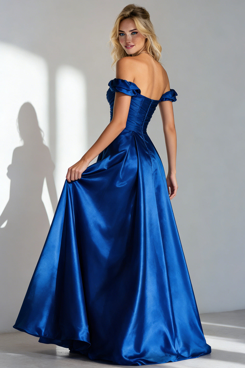 Zapakasa Women Royal Blue Satin Long Wedding Guest Dress with Ruffles