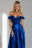 Royal Blue A Line  Off the Shoulder Satin Long Wedding Guest Dress with Ruffles