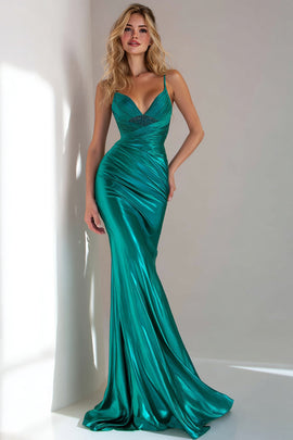 Peacock Green Mermaid Spaghetti Straps Satin Long Wedding Guest Dress