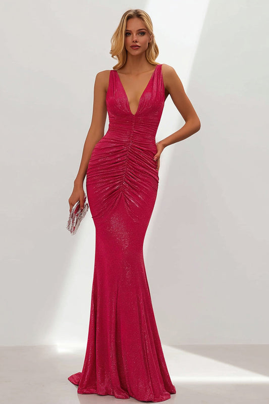 Sparkly Fuchsia V-Neck Ruched Mermaid Long Wedding Guest Dress