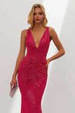 Sparkly Fuchsia V-Neck Ruched Mermaid Long Wedding Guest Dress