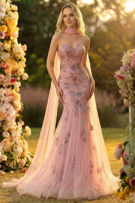 Floral Blush Mermaid Sweetheart Long Prom Dress with Cape