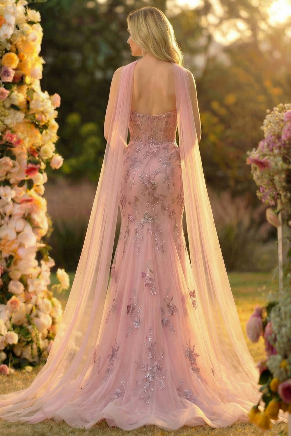blush mermaid wedding dresses Zapakasa Women Floral Blush Long Prom Dress with Cape Mermaid Sparkly  Sweetheart Sequins Tulle Pageant Dress