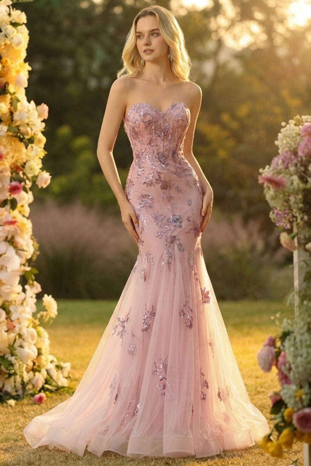 Zapakasa Women Floral Blush Long Prom Dress with Cape Mermaid Sparkly